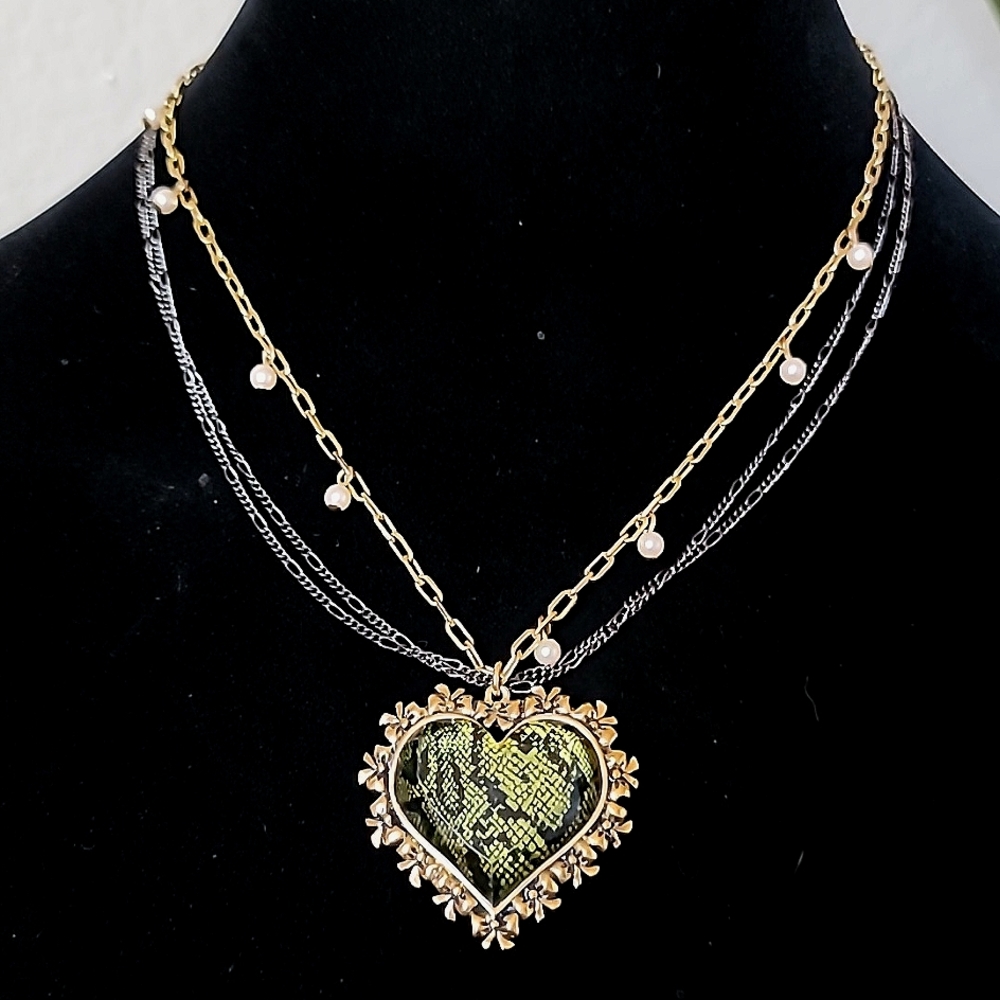 Vintage BETSEY JOHNSON Python Snake Skin Print Lucite Heart Layered Necklace.